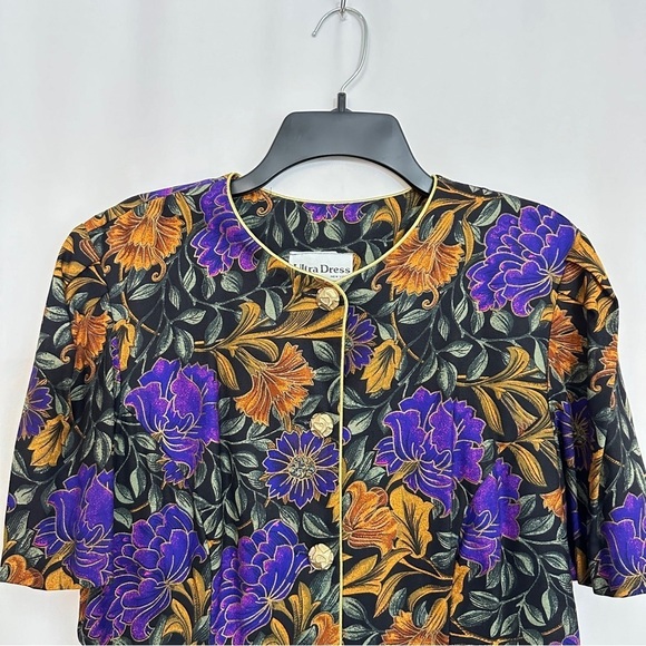 90s Vintage Ultra Dress Women's Floral Blouse Top in Black Purple Orange sz 8 - Picture 2 of 11